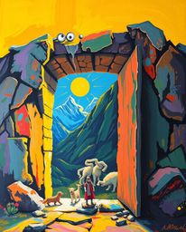 Explore bold acrylic paintings featuring an ancient doorway glowing with runes, nestled into the side of a mountain. These li