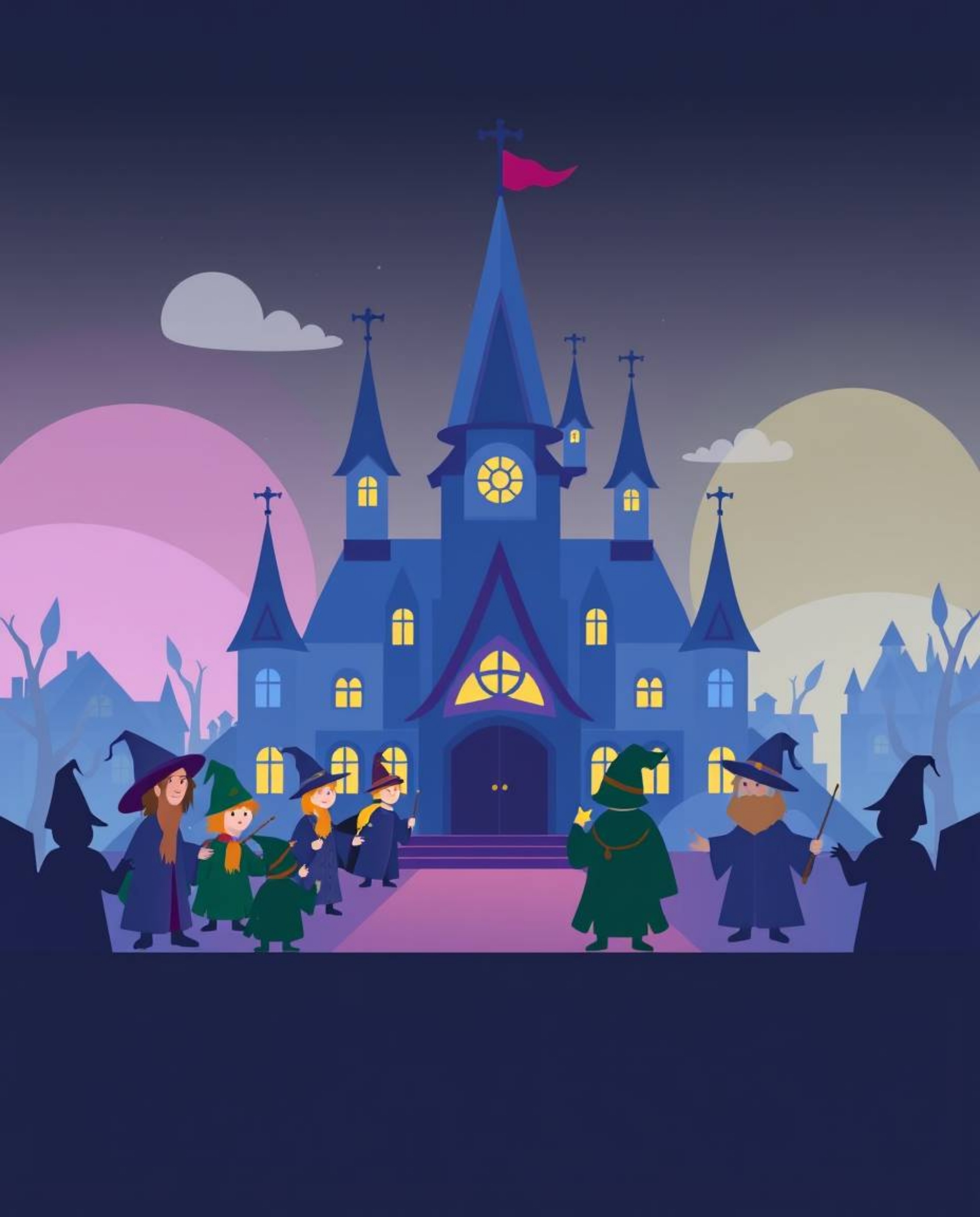 Explore a magical school teeming with young wizards, presented in a contemporary flat design aesthetic. The artwork features 