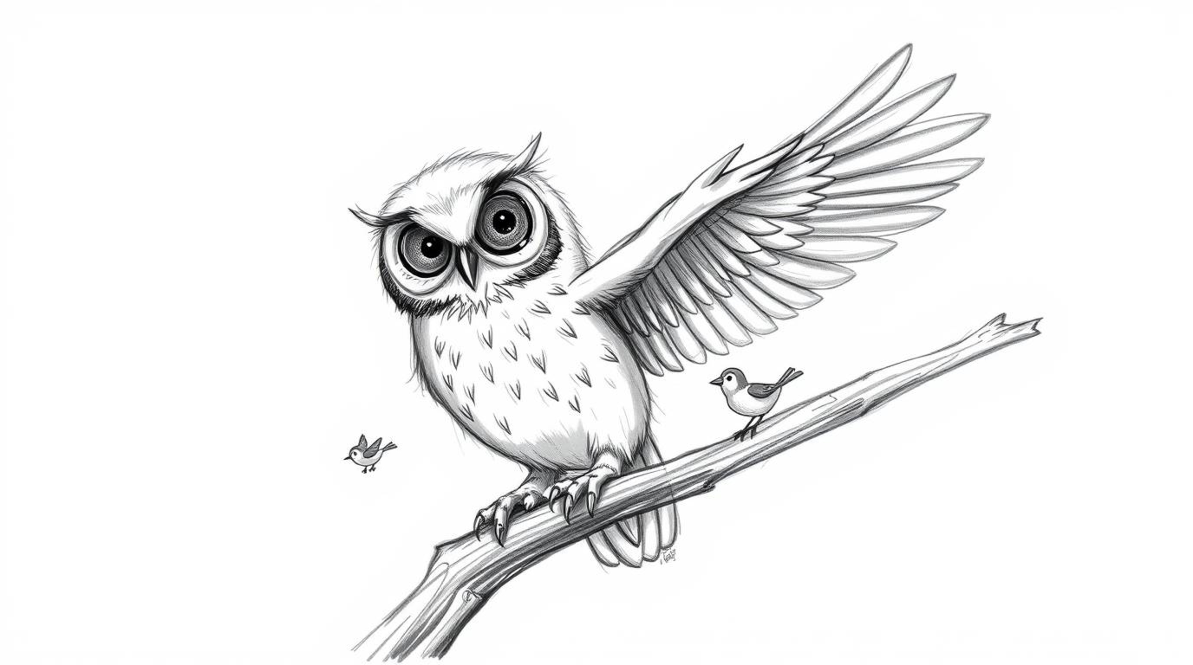 A heartwarming, hand-drawn sketch in the style of Pixar portrays a blind owl with incredibly soft, feathery textures patientl