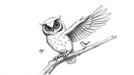 A heartwarming, hand-drawn sketch in the style of Pixar portrays a blind owl with incredibly soft, feathery textures patientl