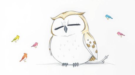 This hand-drawn sketch, reminiscent of Pixar's style, depicts a gentle, blind owl with soft brown feathers and closed eyes. H