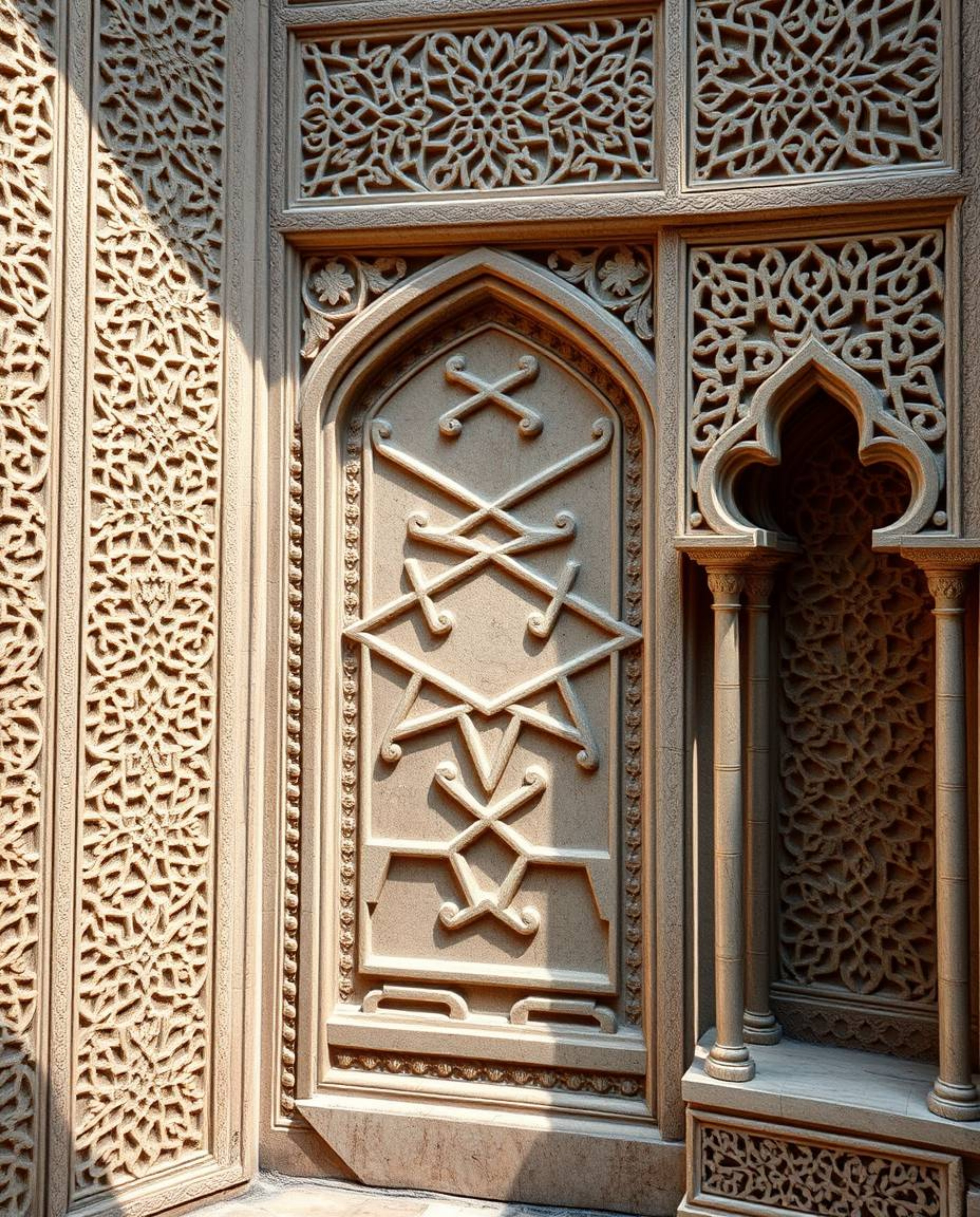 Explore high-resolution stock photos showcasing the ethereal and spiritual beauty of Islamic geometric stone carvings. These 