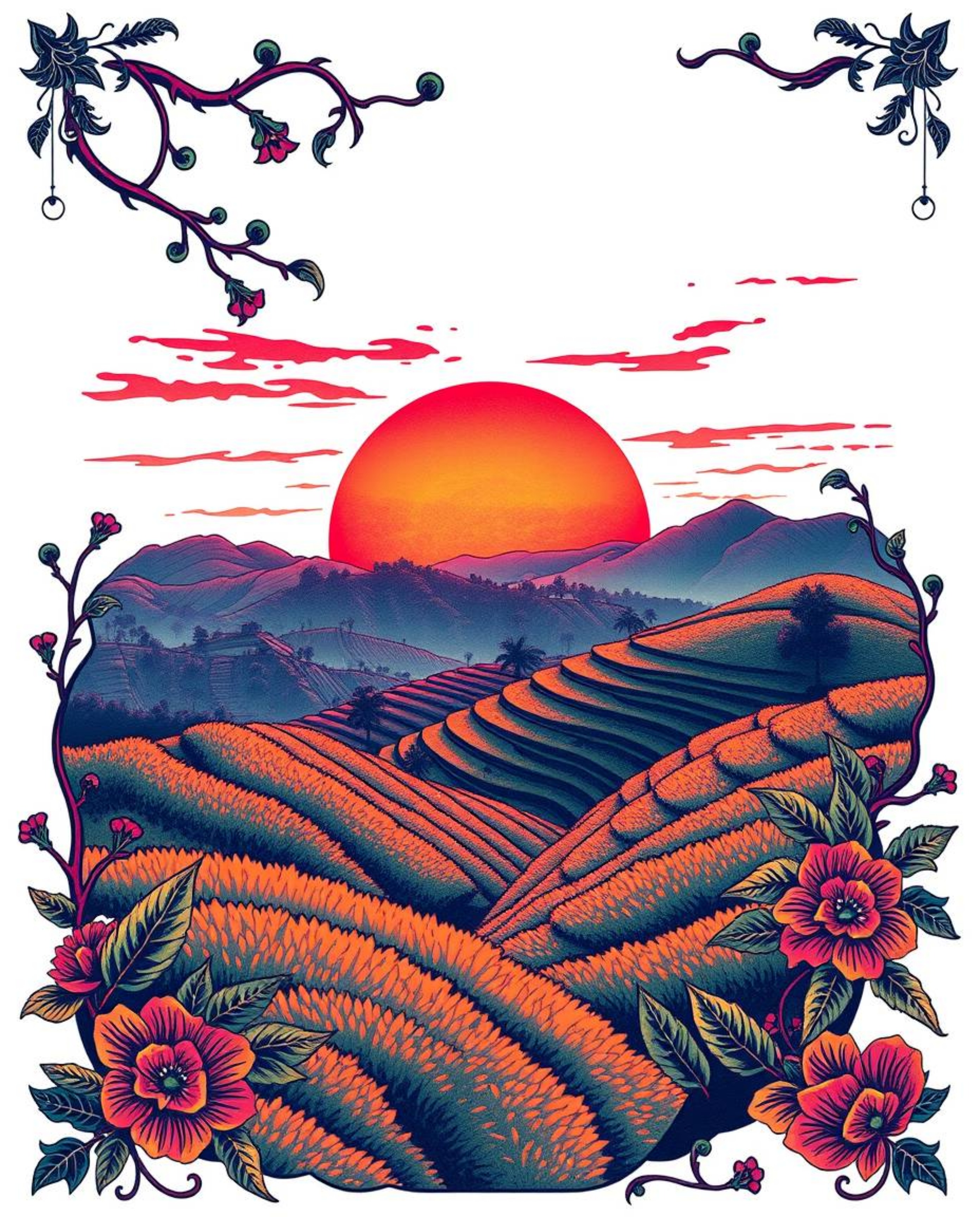 A traditional tattoo art print depicting a sunset over terraced tea plantations in vivid, electric colors. The style is retro