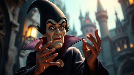A captivating depiction of a classic Disney villain casting a spell within a richly detailed, old castle. The image boasts a 