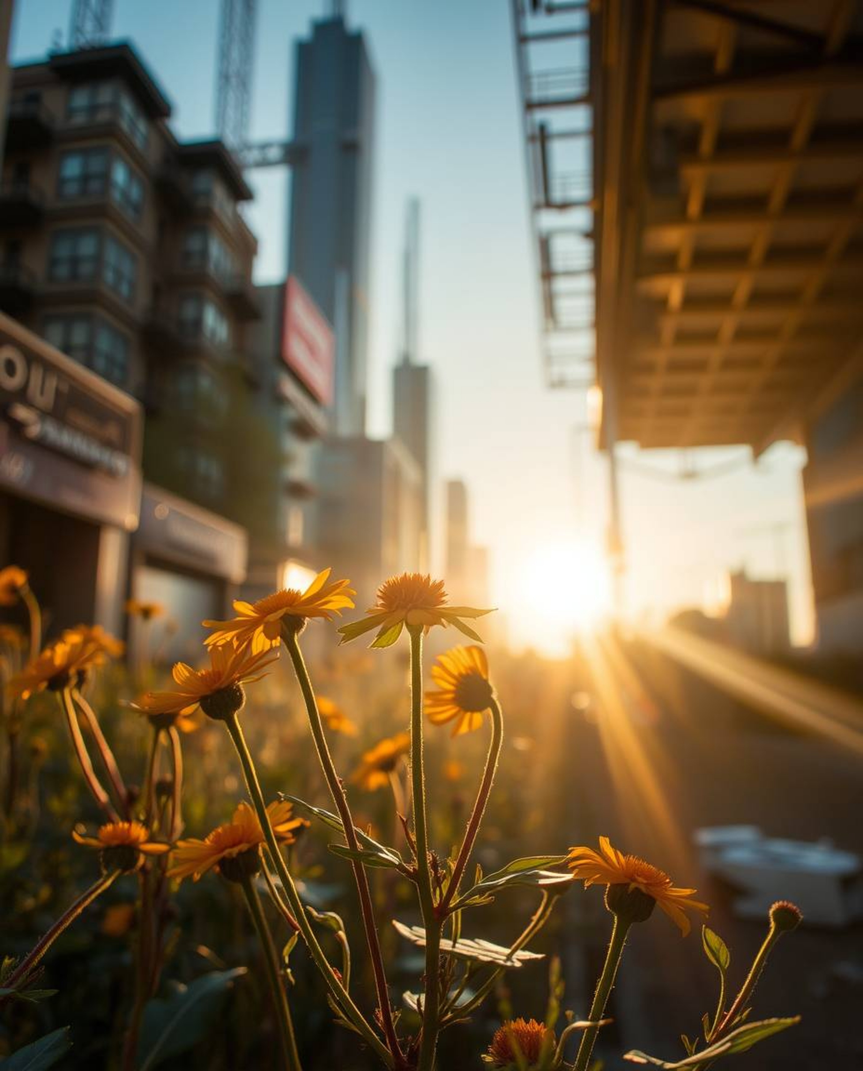 Imagine a breathtaking scene: golden hour light painting a bronze hue across flowers bravely blooming amidst the ruins of a p