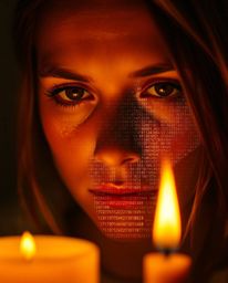 An extreme macro photograph showcases a digital glitch transforming a human face into a flowing data stream.  Warm candleligh