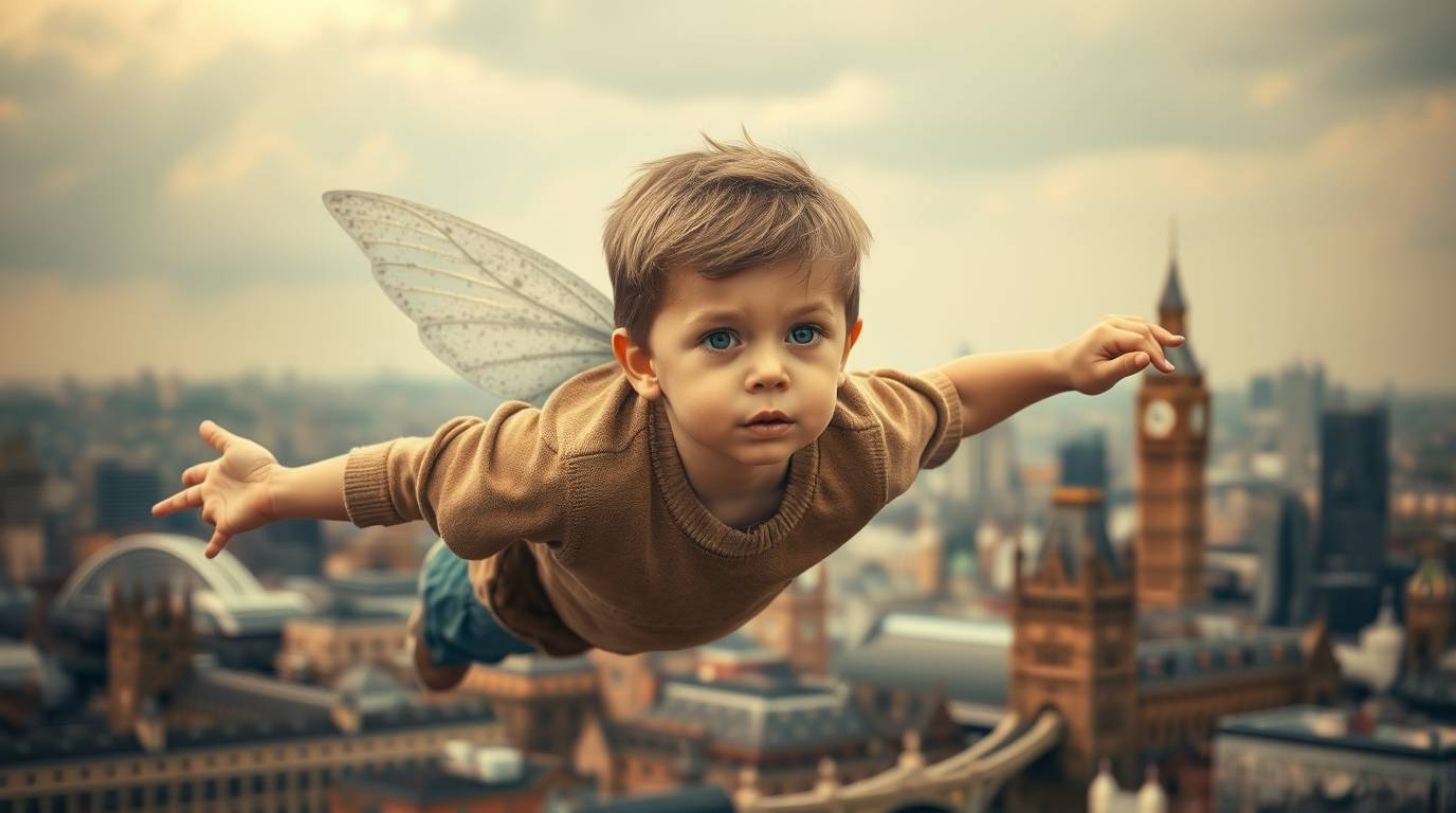 A captivating image of a young boy, lost in contemplation, soaring above the London skyline with magical pixie dust. Rendere