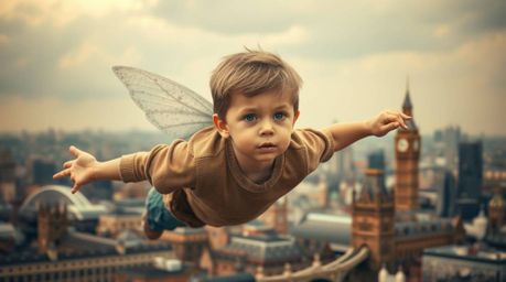 A captivating image of a young boy, lost in contemplation, soaring above the London skyline with magical pixie dust. Rendere