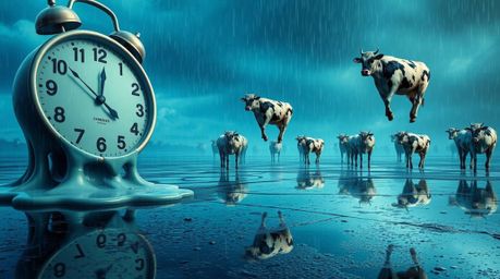 Immerse yourself in a high-resolution stock photo showcasing a surreal dreamscape where melting clocks and floating cows coex