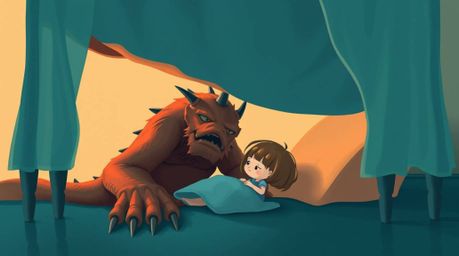Warm terracotta and cool teal create a graceful and elegant scene depicting a monster under a child's bed, highlighting a ref