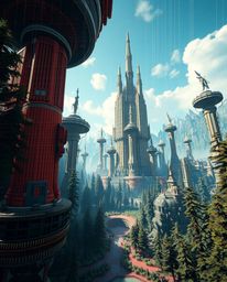 This striking wide-angle architectural photograph captures a grand, futuristic forest scene overlaid with a mesmerizing digit