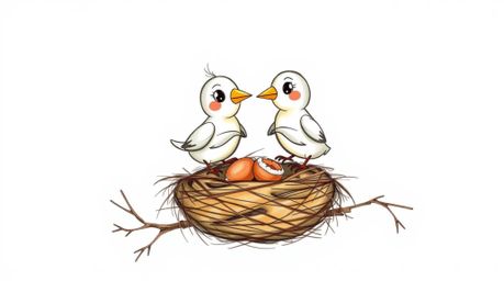 A charming hand-drawn sketchnote depicts two cartoon birds diligently constructing a nest in the style of classic animation. 