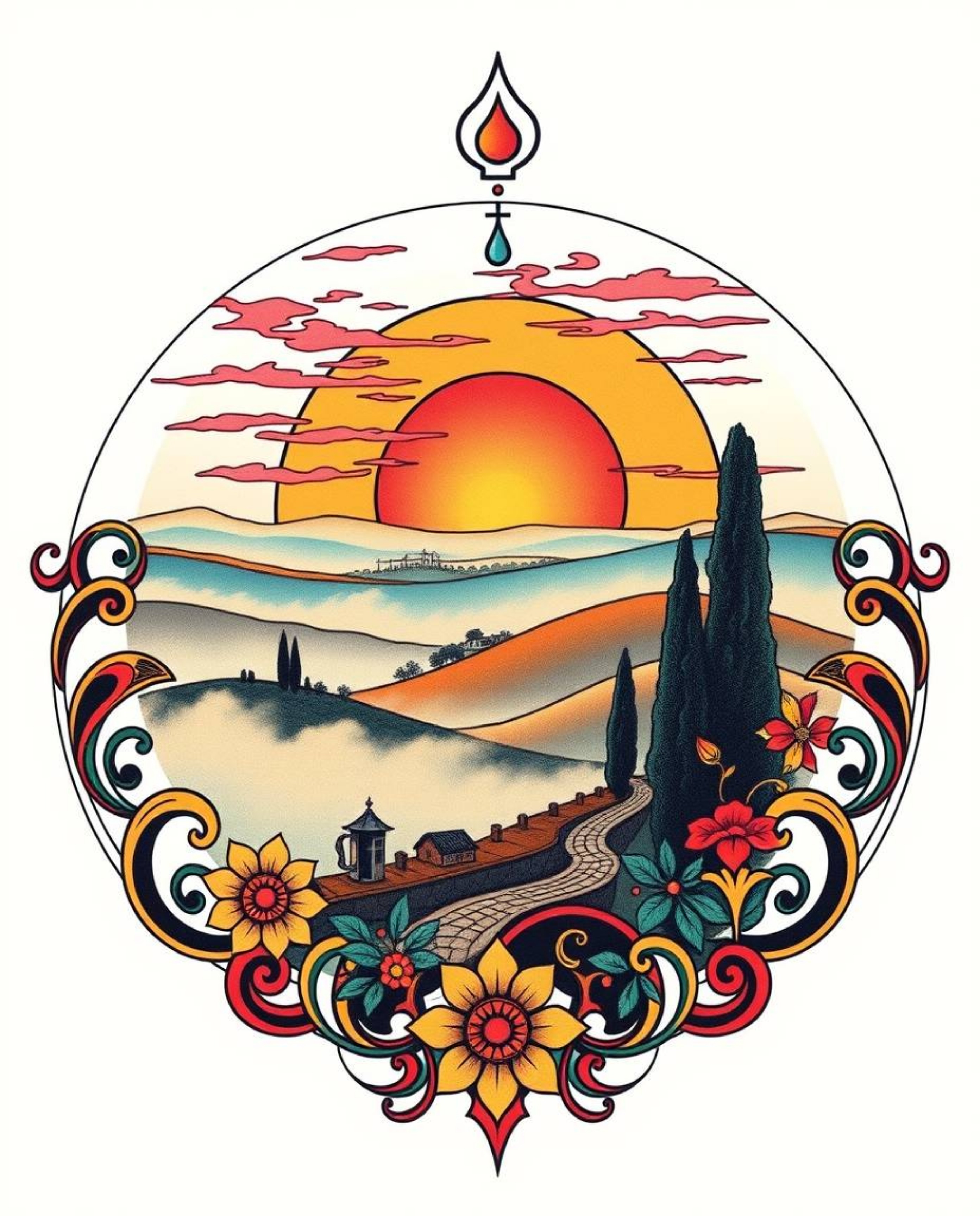 This is a symbolic traditional tattoo art print depicting a sunset over the misty, rolling hills of Tuscany, set against a cl