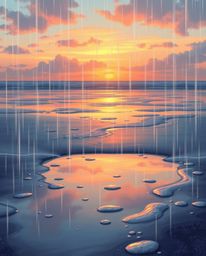 A digital painting of a wet rainy scene depicts a sunset sky mirrored in the tidal pools of a beach. The artwork captures the