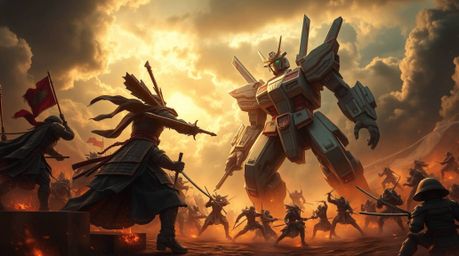 Witness an epic clash between a courageous samurai and a formidable robot under a dramatic, stormy sky.  Bathed in warm golde
