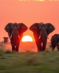 This is a dynamic, motion-blurred image of elephants walking across a sunset field. Captured in energetic action poses, the s