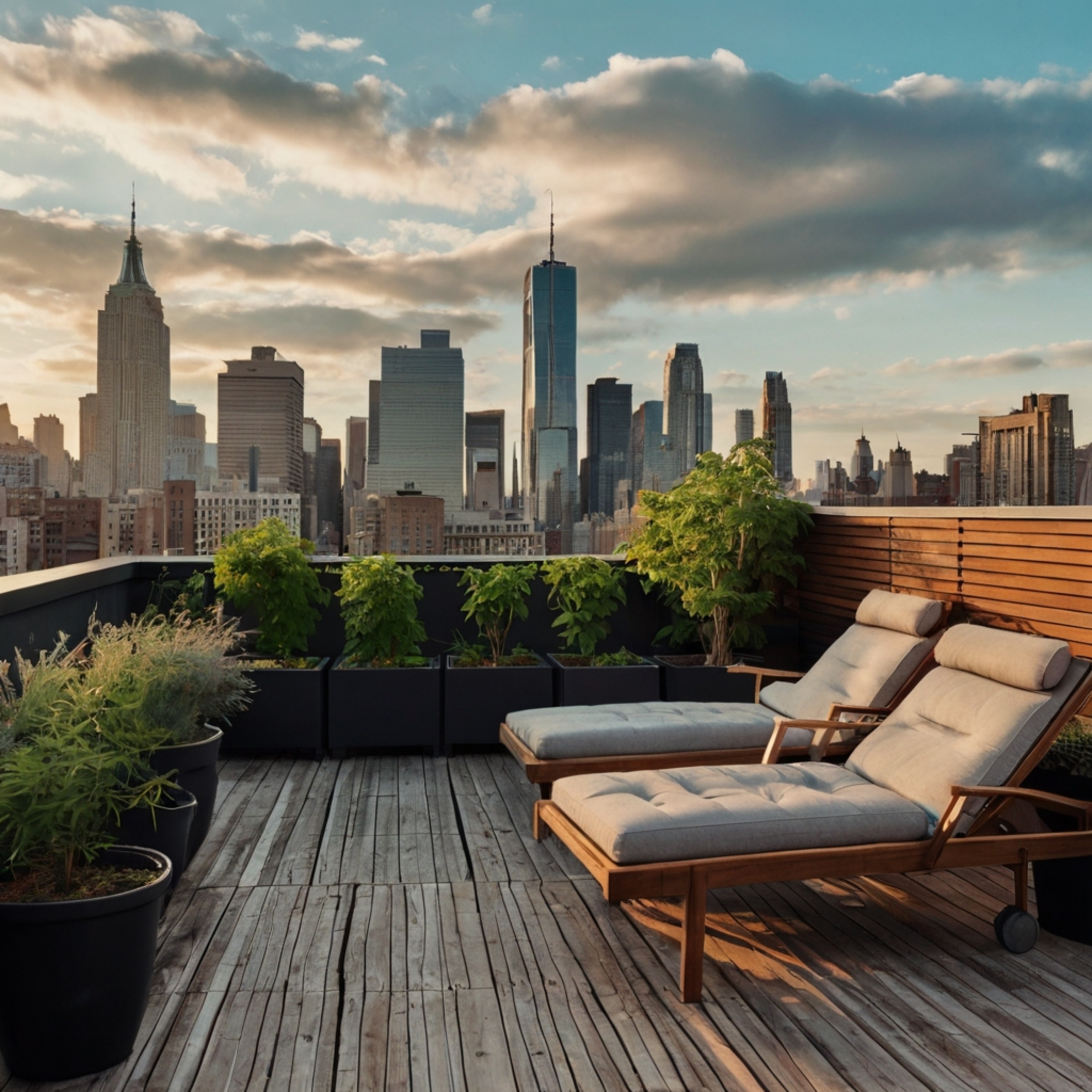 Imagine a chic urban rooftop garden, a stylish oasis above the city buzz. Envision yourself relaxing in comfortable lounge ch