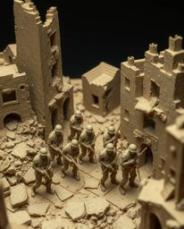 Explore a captivating battlefield scene rendered in sculptural clay art.  This high-angle perspective showcases time-warped s