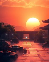 Immerse yourself in a serene Zen garden reimagined in a futuristic sci-fi style, set against a stunning sunset. This vision i