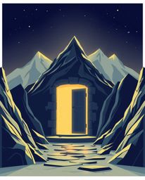 A modern flat design presents an ancient doorway, glowing with runes, nestled within a mountain. The high-angle perspective a