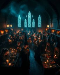 Experience the drama of a magical school teeming with young wizards, bathed in intense lighting that creates palpable tension