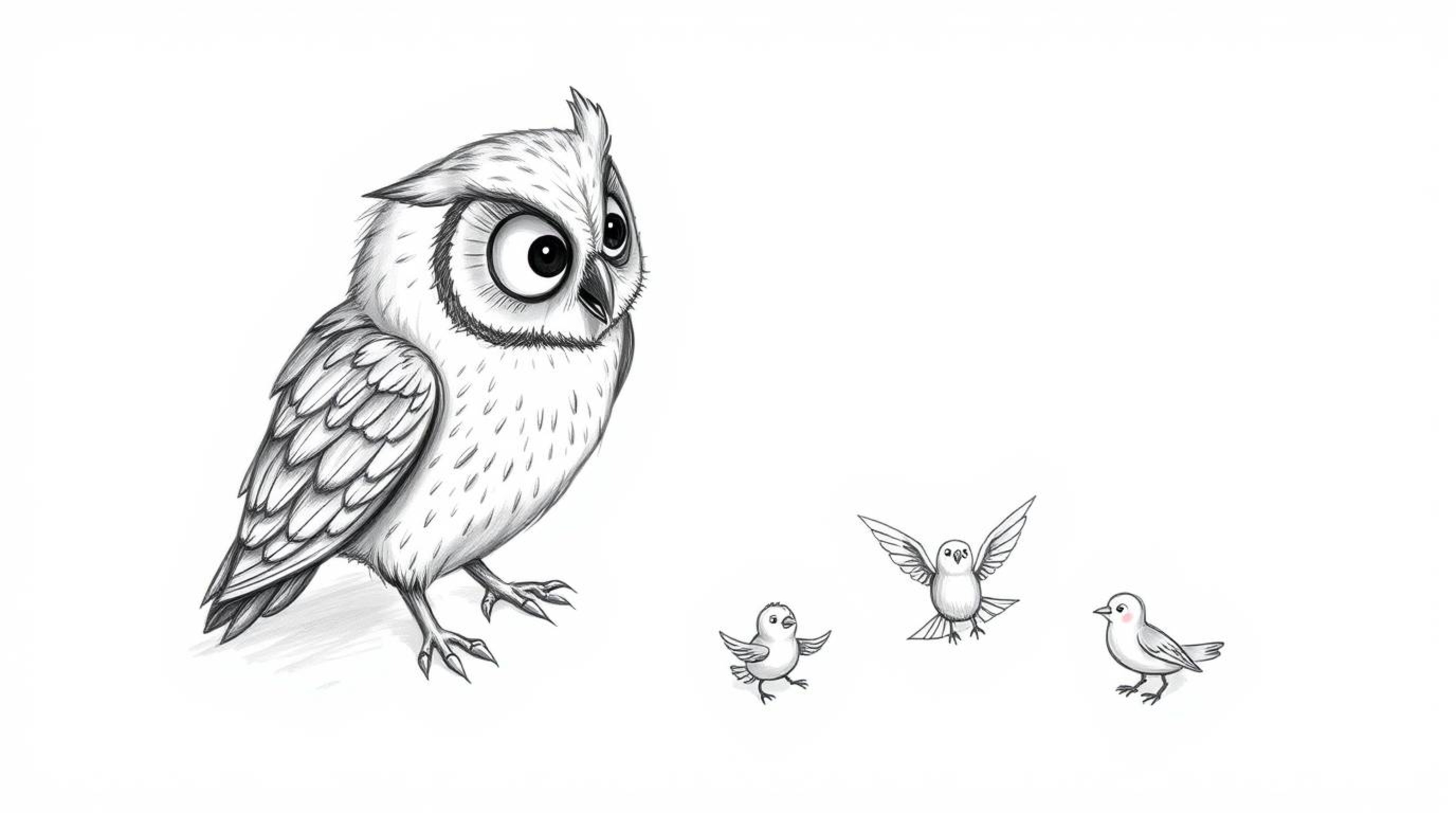 A heartwarming hand-drawn Pixar-style sketch depicts a blind owl patiently teaching small birds how to fly. Captured from a h