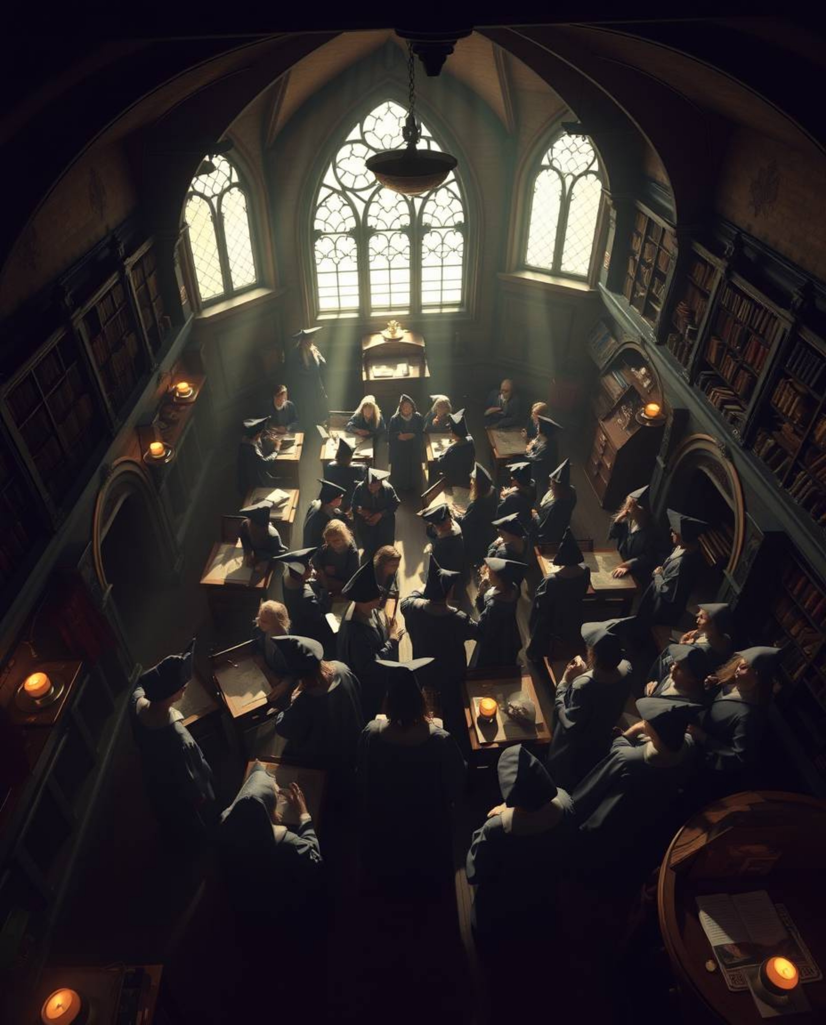 Discover a magical school filled with young wizards, captured from a breathtaking high angle perspective with gentle, soft li