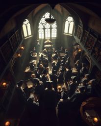 Discover a magical school filled with young wizards, captured from a breathtaking high angle perspective with gentle, soft li
