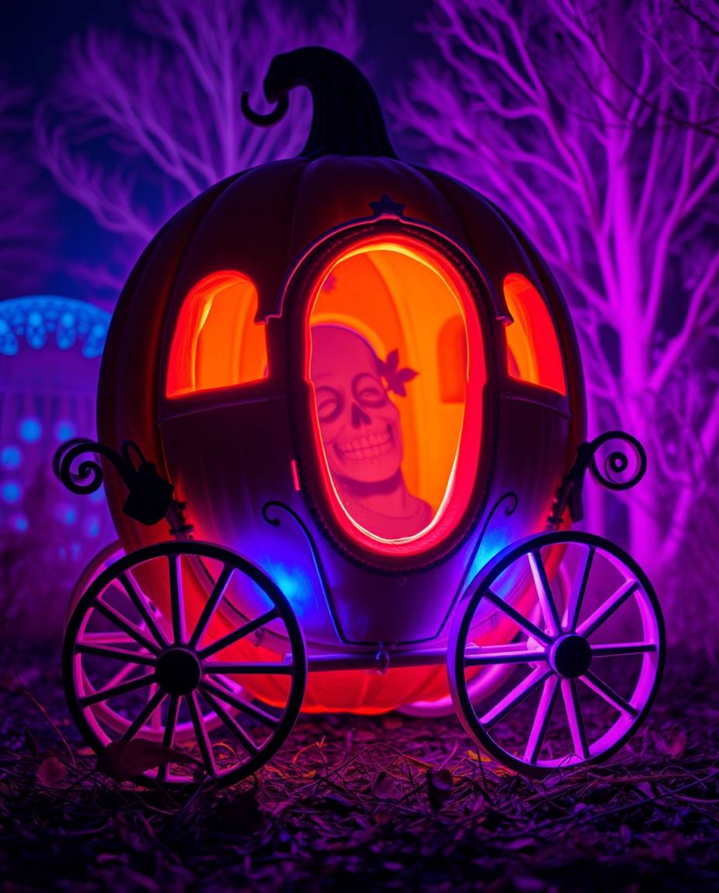 Witness a magical transformation as a humble pumpkin morphs into a magnificent carriage, radiating bioluminescent hues and su