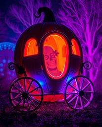 Witness a magical transformation as a humble pumpkin morphs into a magnificent carriage, radiating bioluminescent hues and su