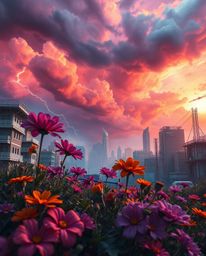 Witness the breathtaking juxtaposition of vibrant flowers blooming amidst the desolate ruins of a post-apocalyptic city. Unde