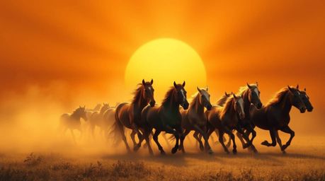 A captivating logo design featuring a herd of wild horses running beneath a vibrant, glowing sky.  The design incorporates vo