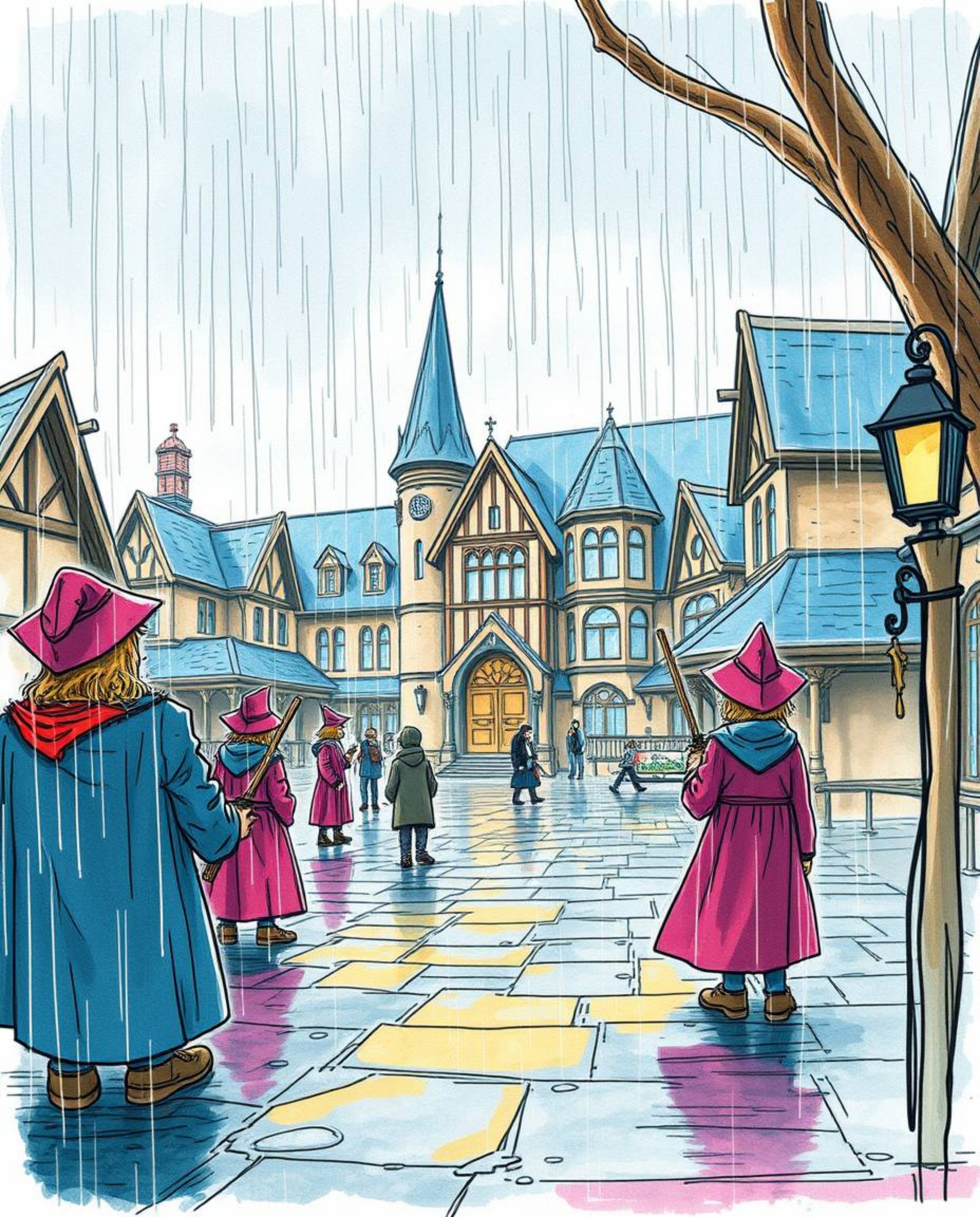 A captivating hand-drawn sketch depicting a magical school brimming with young wizards on a wet, rainy day.  The color sketch