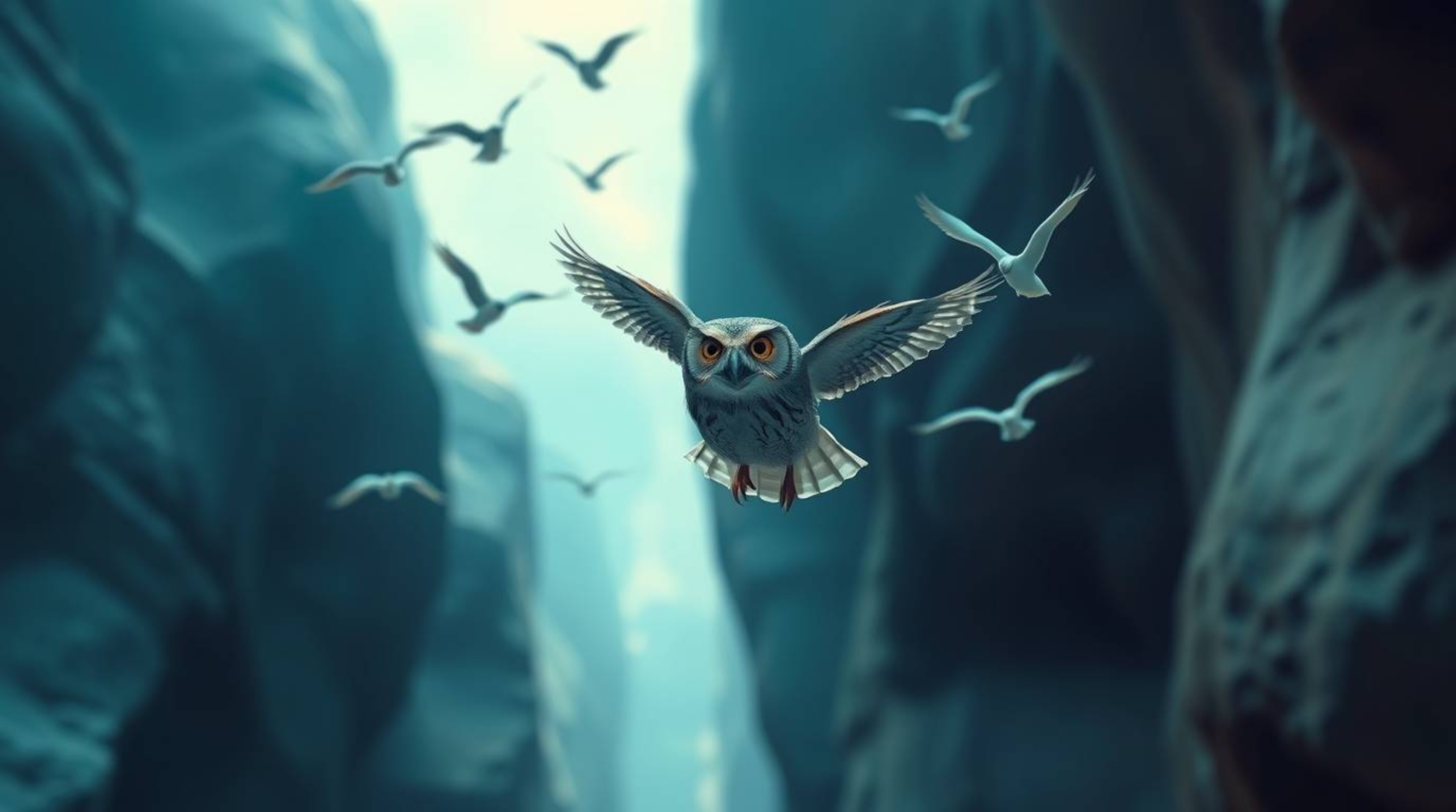 A stunning long exposure photograph depicts a blind owl, rendered in a Pixar-esque style, guiding birds in flight through a b