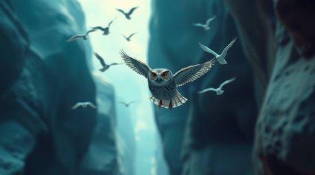 A stunning long exposure photograph depicts a blind owl, rendered in a Pixar-esque style, guiding birds in flight through a b