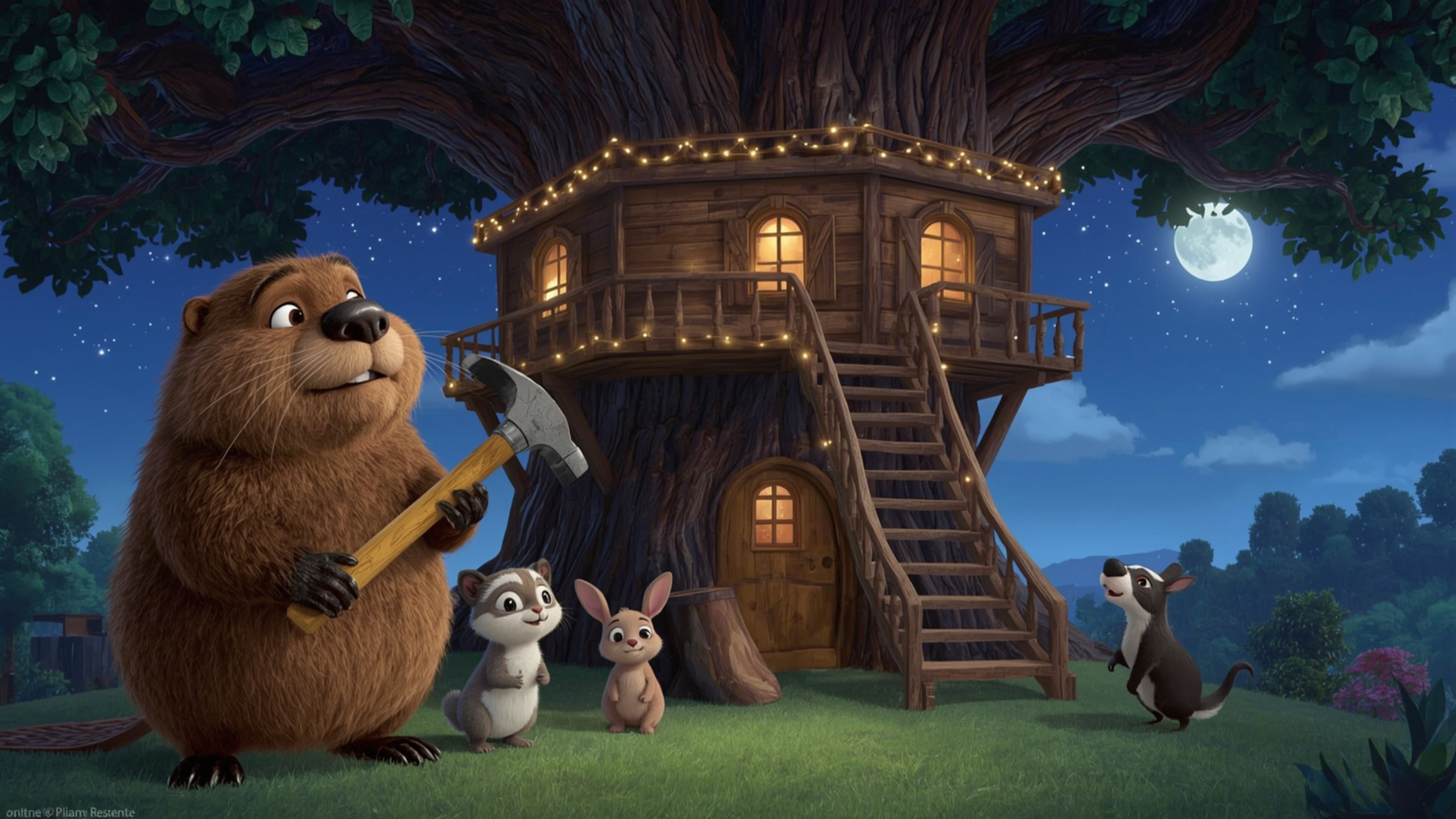 A high-resolution, commercially viable stock photo features a kind beaver with shiny, dark brown fur holding a hammer, surrou