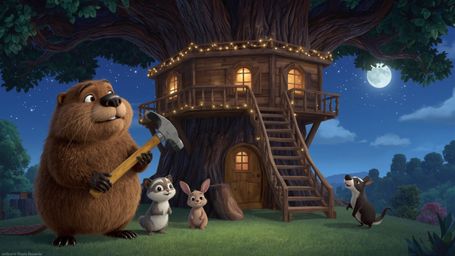 A high-resolution, commercially viable stock photo features a kind beaver with shiny, dark brown fur holding a hammer, surrou