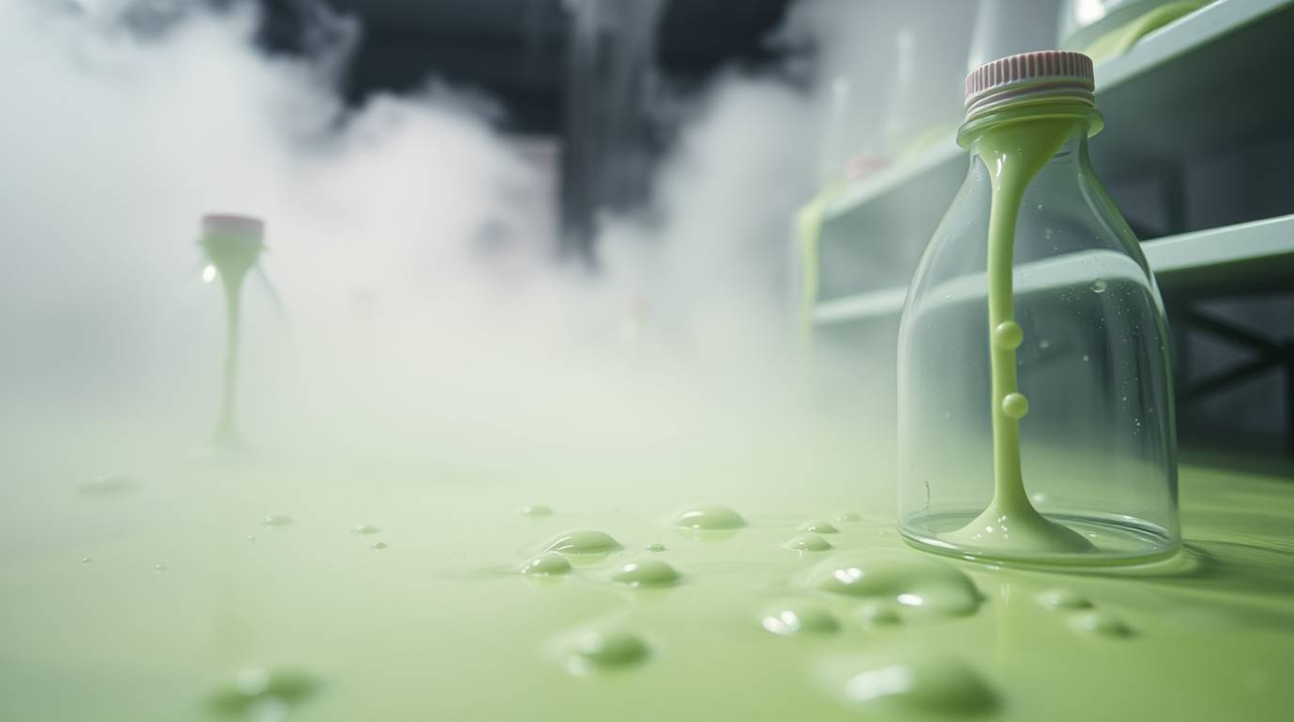 Explore an extreme macro close-up of a slime-covered science lab, shrouded in thick fog that obscures most of the scene. This
