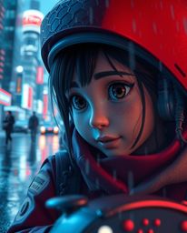This image showcases a captivating extreme macro scene featuring a young inventor girl in a breathtaking futuristic city, ren