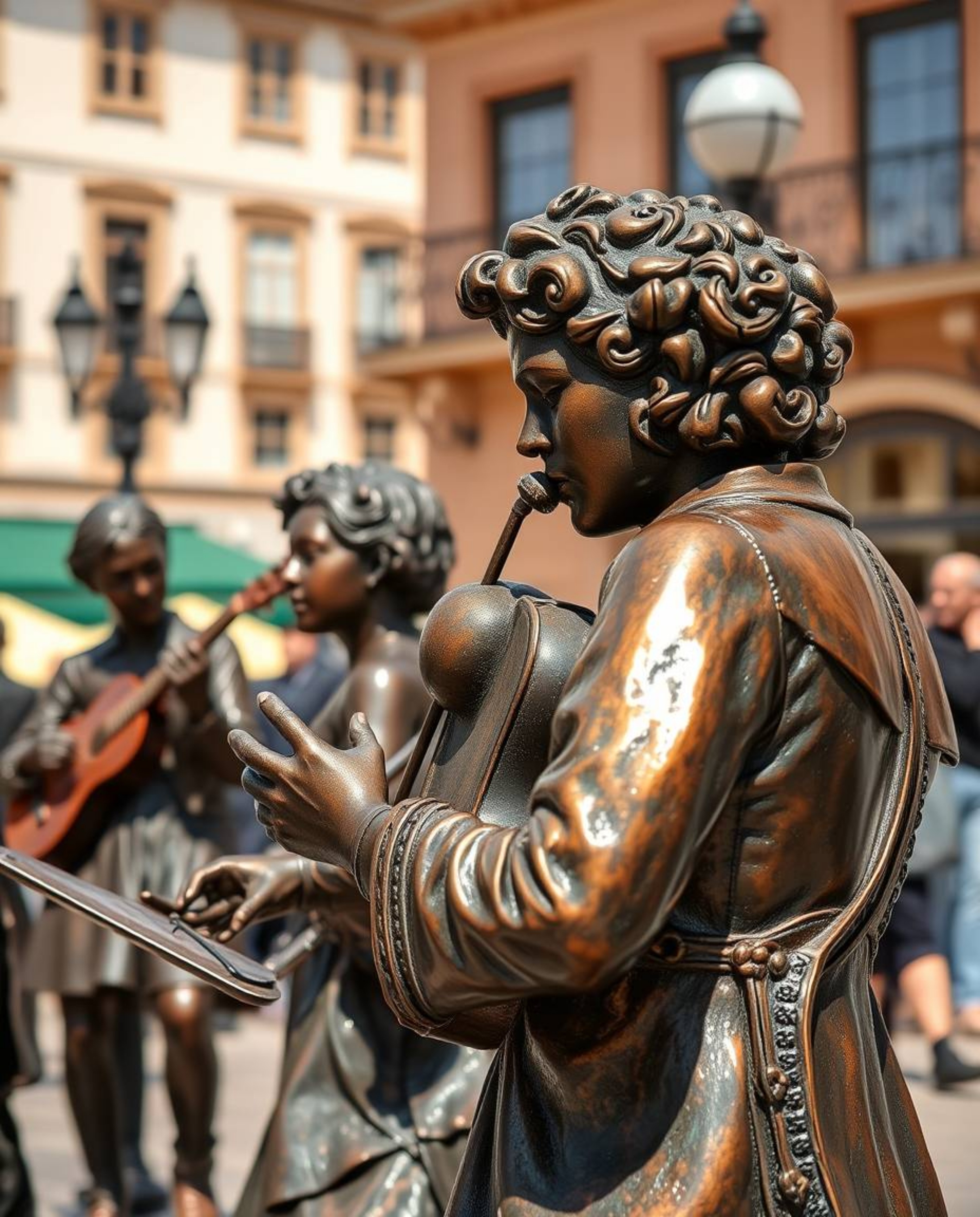 This captivating bronze sculpture depicts a vibrant musical performance in a brightly lit town square.  The intricate details