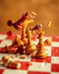 A captivating image of a chessboard with pieces frozen mid-air in a moment of chaotic destruction.  The warm color palette, f
