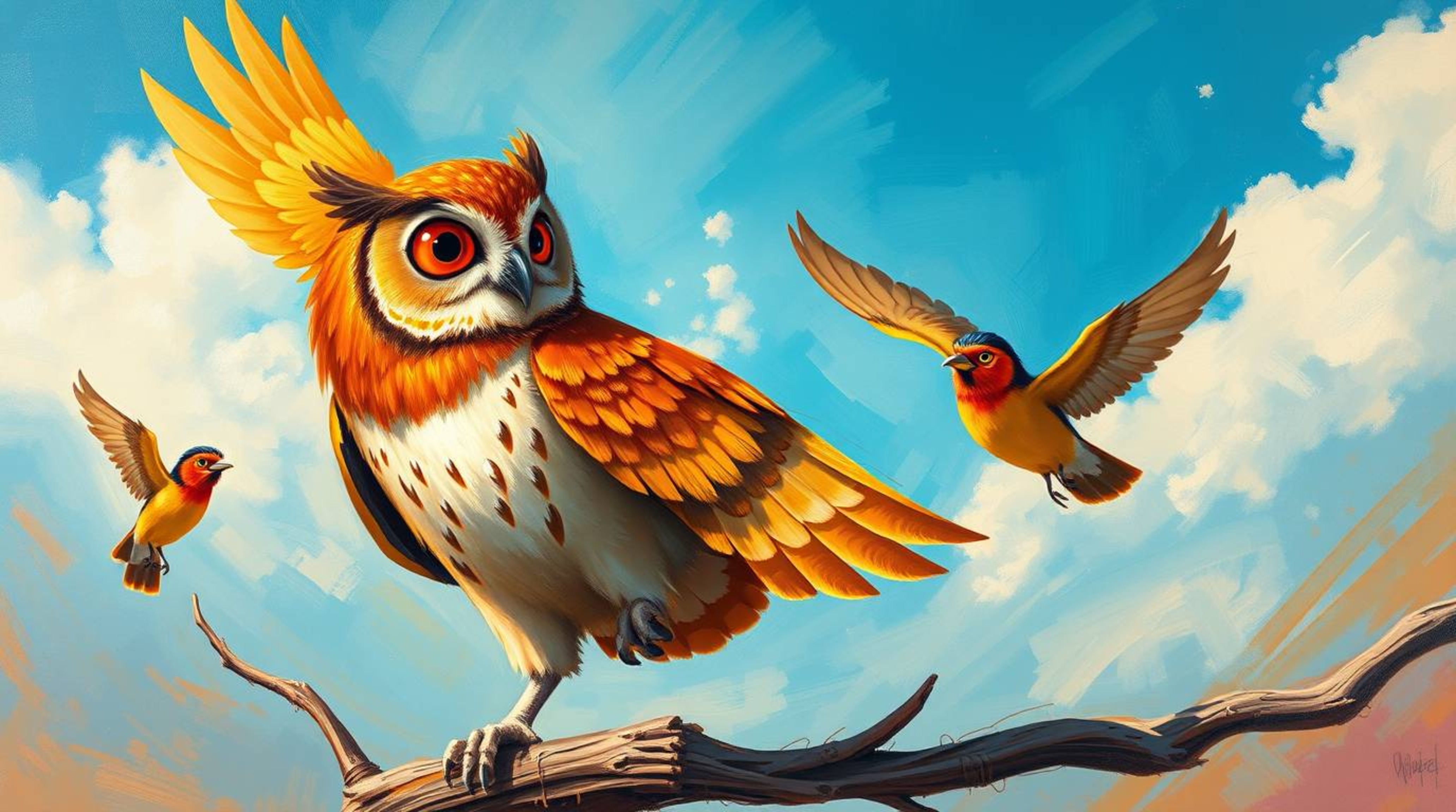 A heartwarming acrylic painting in the style of Pixar depicts a wise, blind owl using warm, earthy tones to gently guide brig