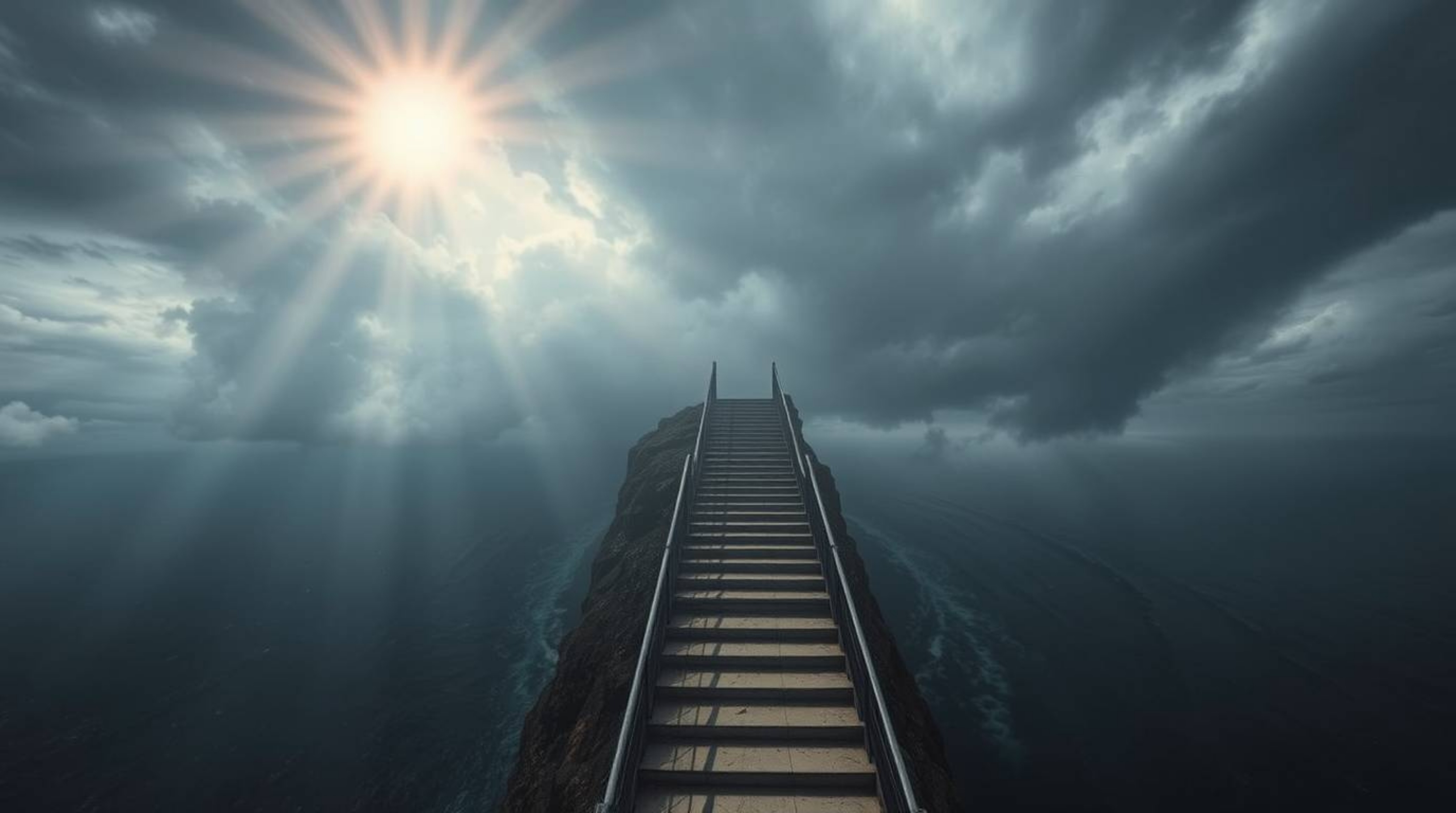 A breathtaking bird's-eye view captures a dramatic staircase ascending from the ocean towards a stormy sky, dramatically lit 