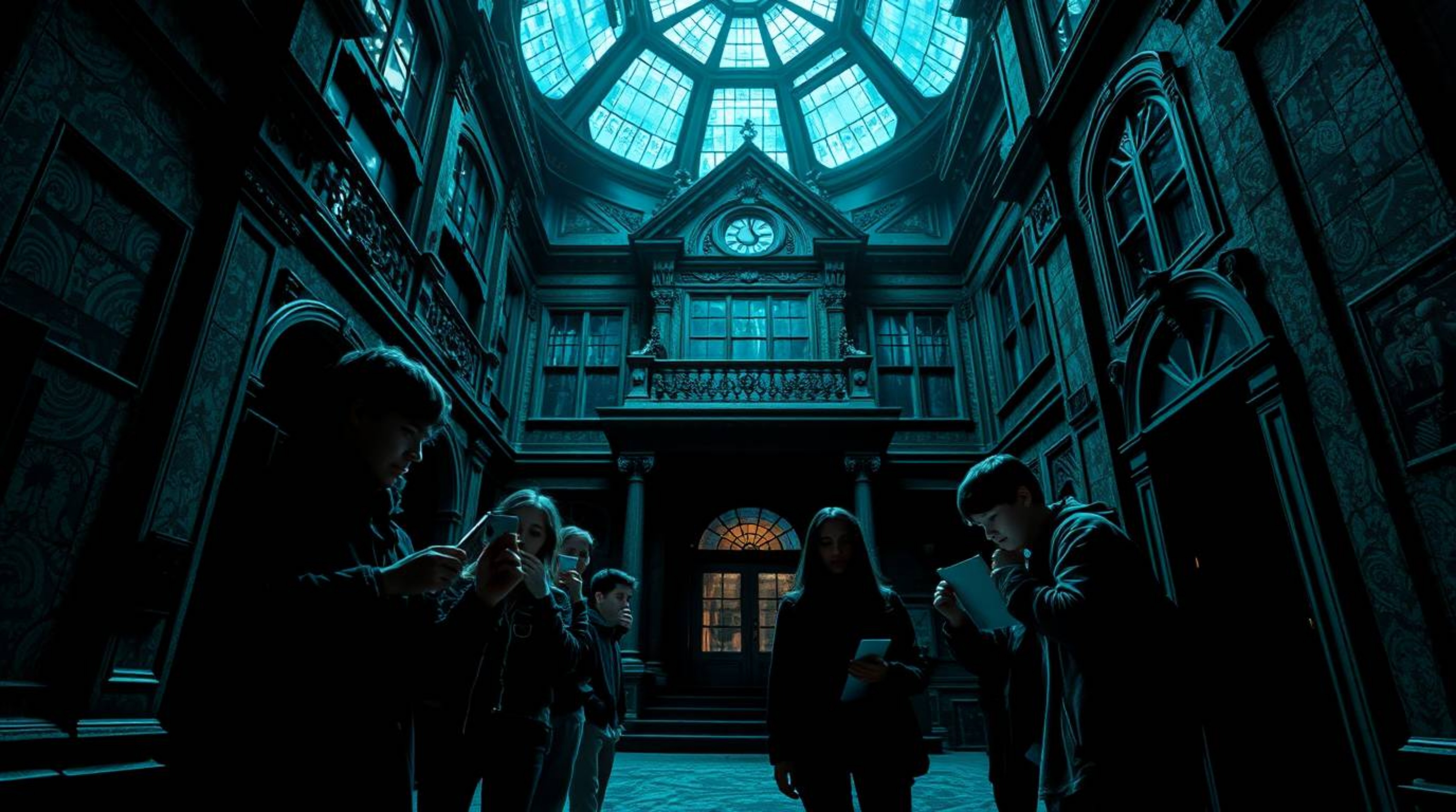 Explore the eerie depths of a haunted mansion through precise architectural color photography featuring a group of teens dete