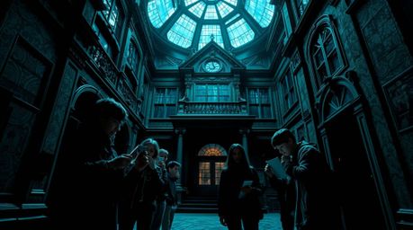 Explore the eerie depths of a haunted mansion through precise architectural color photography featuring a group of teens dete