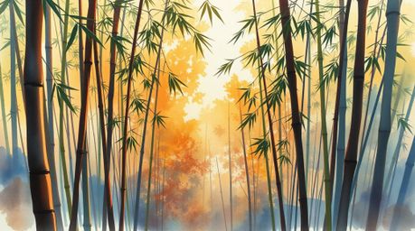 Experience the tranquility of a bamboo forest bathed in the warm glow of a sunset with this delicate watercolor painting. The