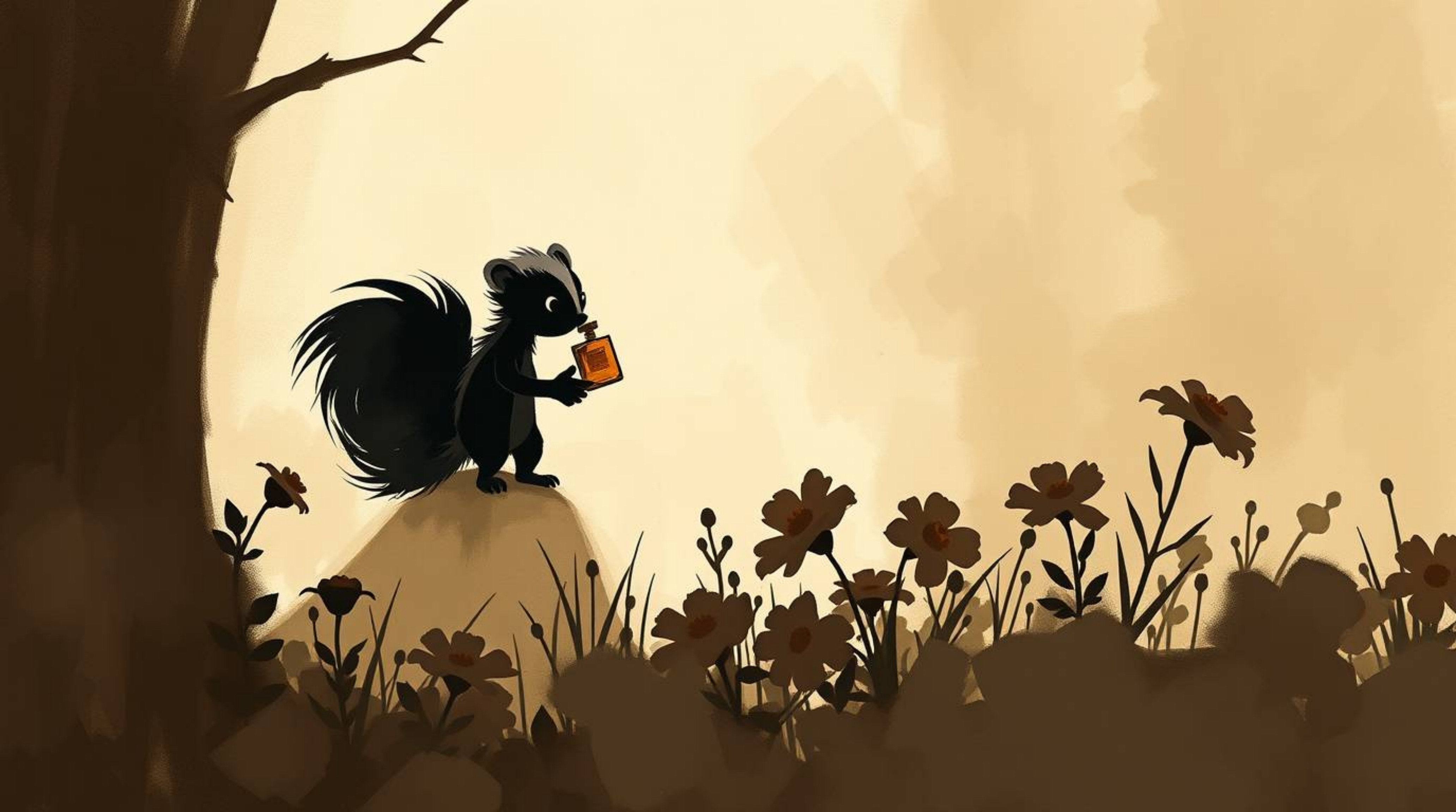 A dynamic digital sketch showcases a silhouetted cartoon skunk spraying perfume on flowers, rendered in muted browns, beiges,