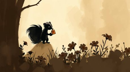 A dynamic digital sketch showcases a silhouetted cartoon skunk spraying perfume on flowers, rendered in muted browns, beiges,