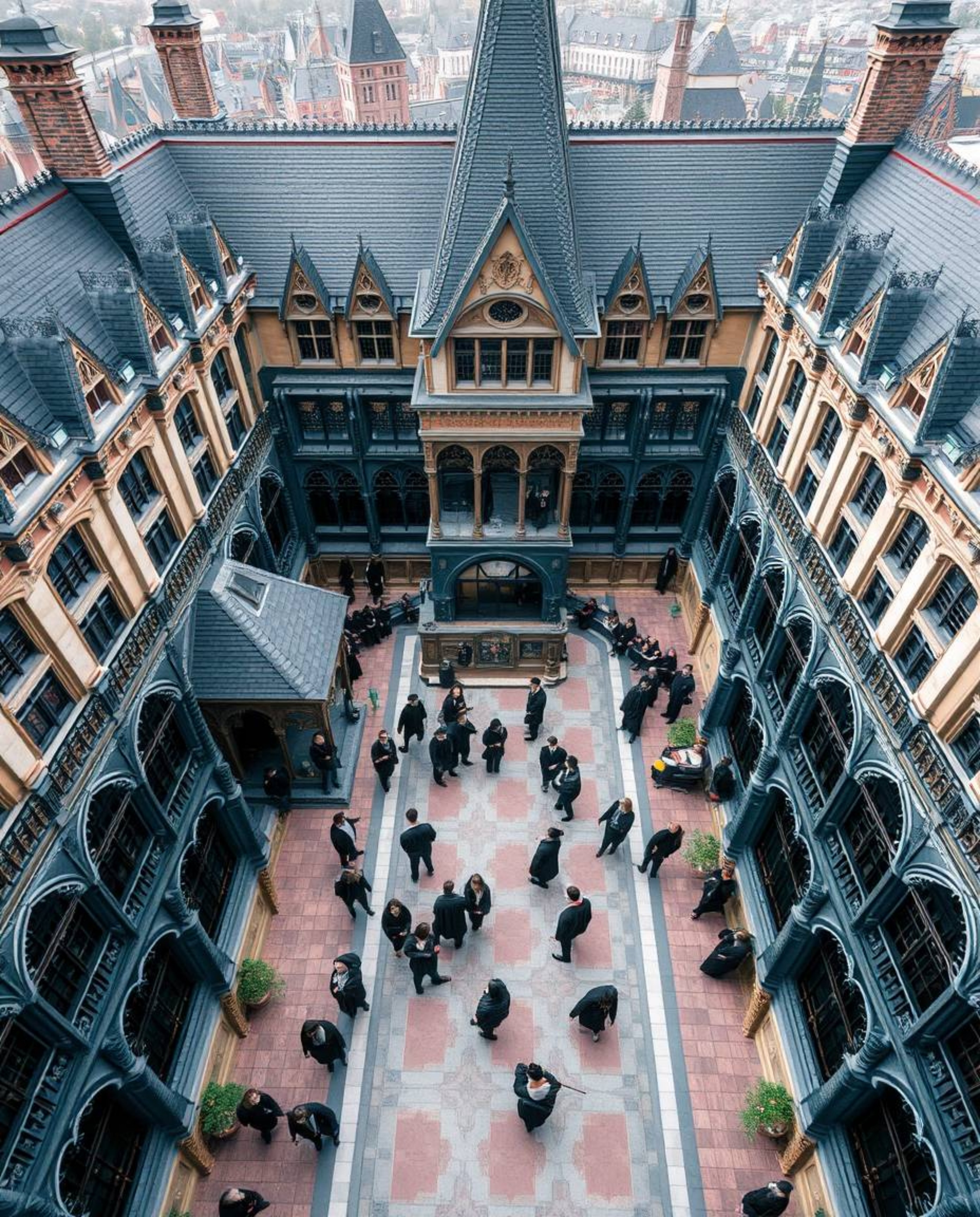 A stunning overhead architectural photograph captures a magical school brimming with young wizards.  The image showcases shar