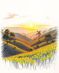 This is a hand-drawn sketch on a white background, capturing a grand and epic scene of a sunset over terraced tea plantations